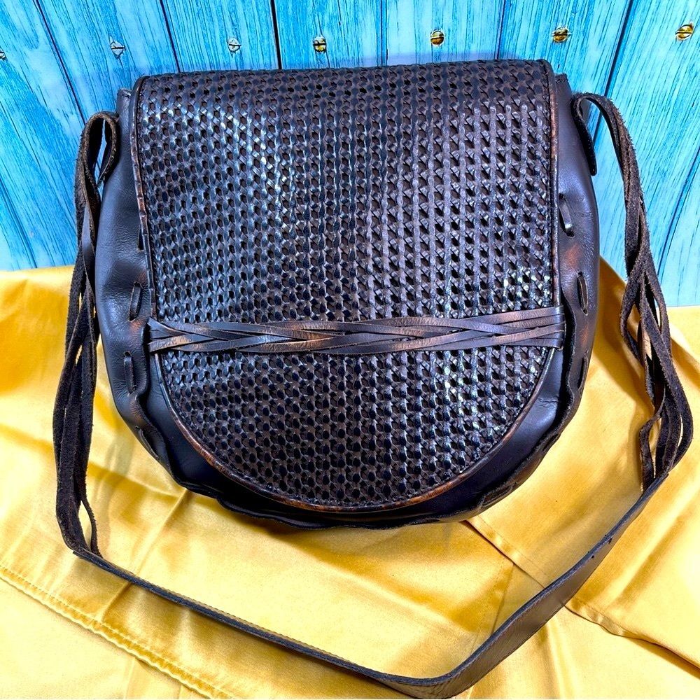 Patricia Nash Leather Woven Large Flap Saddle Crossbody Handbag Boho Purse